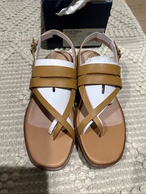 Cole Haan Tan and White Crisscross Leather Slingback Sandals